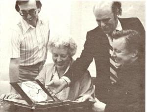 The Four Jurors for the 1979 Bronfman Award. Left to Right: Barry Morrison, Director, Walter Phillips Gallery, Banff Centre; Joyce Chown, weaver, Arnprior, ON; Peter Swann, Executive Director of the Bronfman Family Foundation; and Orland Larson, Canadian Crafts Council President. Artisan News, May-June 1979.