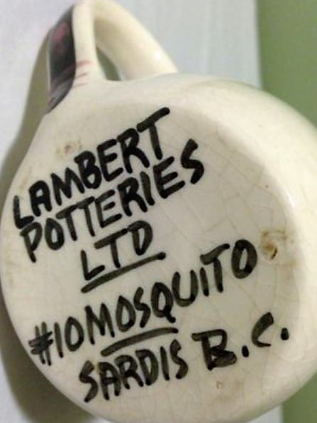 "LAMBERT POTTE"LAMBERT POTTERIES LTD label on a smooth base with production number, "#10" and "SARDIS B.C." Not dated.RIES LTD #10 MOSQUITO SARDIS B.C." label on flat a flat base.
