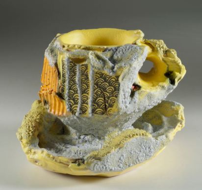 Barbara Tipton. RIVULETS WITH YELLOW PASSAGE. 2013. Multifired, multiglazed clay with stains, decals. 7 x 19 (from handle on left) x 13cm. Collection: Alberta Foundation for the Arts.