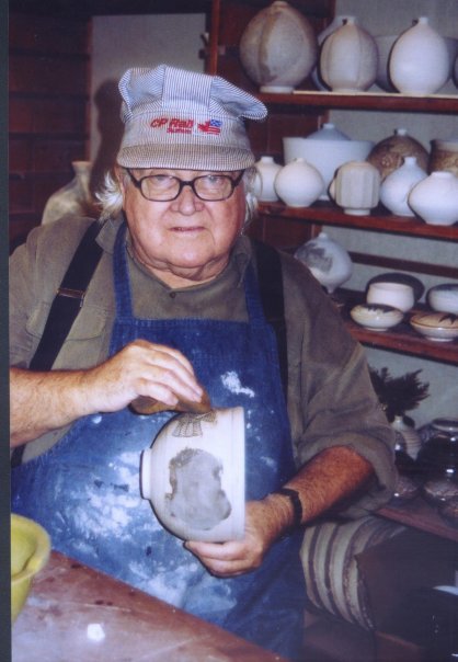 Dean Mullavey working on a Mishima bowl. Photo: Facebook, April, 2008.
